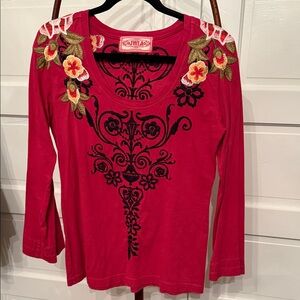 Johnny Was Red Floral Embroidered Long Sleeve Top